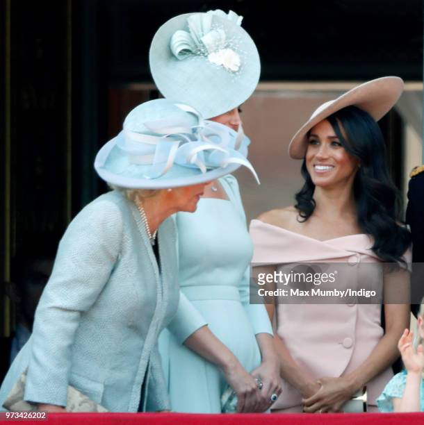 Camilla, Duchess of Cornwall, Catherine, Duchess of Cambridge and Meghan, Duchess of Sussex stand on the balcony of Buckingham Palace during Trooping...
