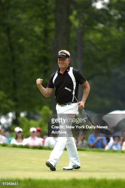 Peter Hedblom of Sweden grins and pumps his fist after he makes his shot and putts for a birdie on the fifth hole during the third day of the U.S....