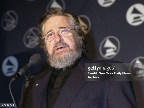Phil Ramone, chairman of the Board of Trustees of the Grammy Awards, speaks at the 40th annual Grammy Awards nominations at Radio City Music Hall.