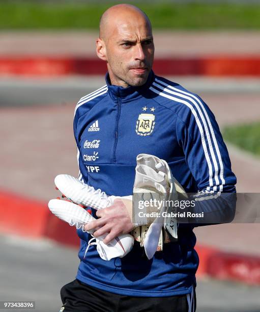 Wilfredo Caballero of Argentina arrives prior an open to public training session at Bronnitsy Training Camp on June 11, 2018 in Bronnitsy, Russia.