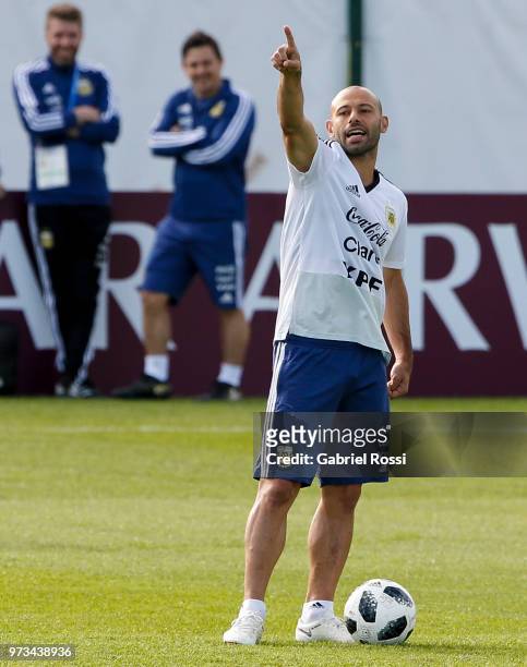 Javier Mascherano of Argentina shouts instructions during an open to public training session at Bronnitsy Training Camp on June 11, 2018 in...