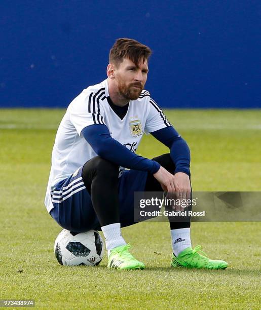 Lionel Messi of Argentina looks on during an open to public training session at Bronnitsy Training Camp on June 11, 2018 in Bronnitsy, Russia.