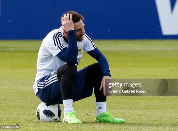 Lionel Messi of Argentina looks on during an open to public training session at Bronnitsy Training Camp on June 11, 2018 in Bronnitsy, Russia.