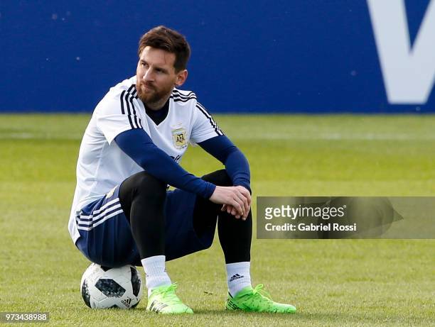 Lionel Messi of Argentina looks on during an open to public training session at Bronnitsy Training Camp on June 11, 2018 in Bronnitsy, Russia.