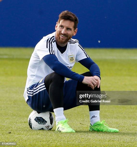 Lionel Messi of Argentina smiles during an open to public training session at Bronnitsy Training Camp on June 11, 2018 in Bronnitsy, Russia.