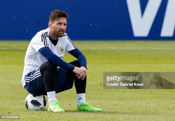 Lionel Messi of Argentina looks on during an open to public training session at Bronnitsy Training Camp on June 11, 2018 in Bronnitsy, Russia.