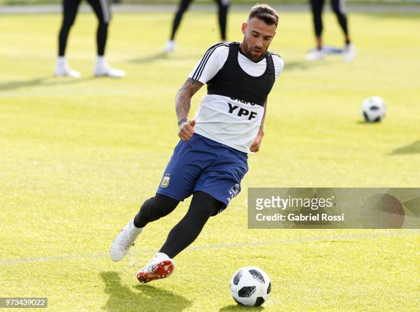Nicolas Otamendi of Argentina Controls the ball during an open to public training session at Bronnitsy Training Camp on June 11, 2018 in Bronnitsy,...