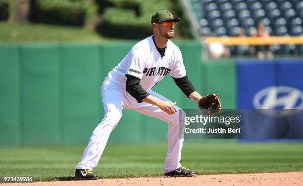 Jordy Mercer of the Pittsburgh Pirates in action during the game against the Los Angeles Dodgers at PNC Park on June 7, 2018 in Pittsburgh,...