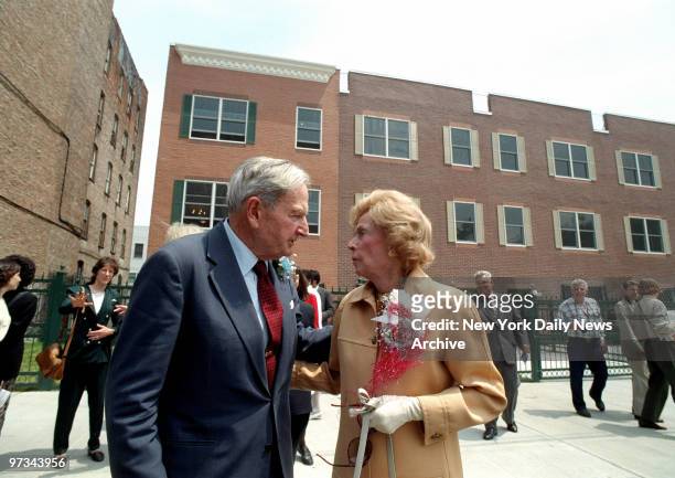 Philanthropist David Rockefeller and Brooke Astor say goodbye after touring Brook Commons II, a housing development on 140th Street near Brook...