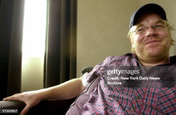 Philip Seymour Hoffman during an interview at the W. Hotel in Union Square. He narrates "The Party's Over," a documentary about the lack of substance...