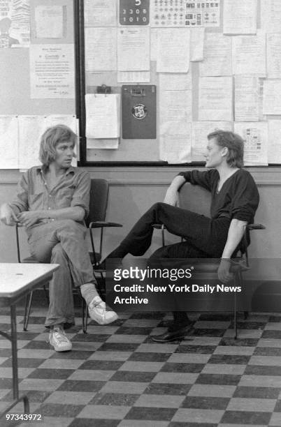 Philippe Petit rehashes his trip with his assistant, Jean Heck , at the 1st Precinct stationhouse. Petit, of Paris, France, was arrested after he...