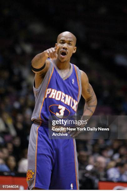 Phoenix Suns' Stephon Marbury has a point to make during a game against the New Jersey Nets at Continental Airlines Arena. The Nets went on to beat...