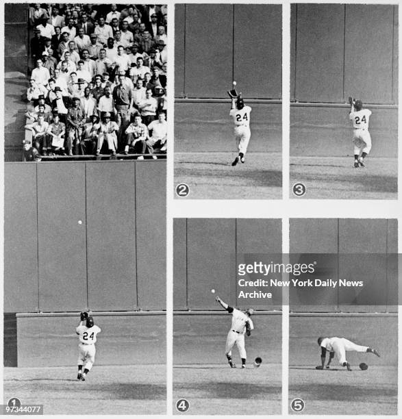 Photo sequence: Willie Mays makes his famous catch off the bat of Vic Wertz in the 1954 World Series at the Polo Grounds. New York Giants went on to...