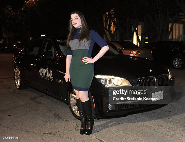 Actress Kat Dennings arrives at the Kimberly Brooks' "The Stylist Project" exhibition hosted by Vanity Fair and Dior in the BMW 760Li held at...