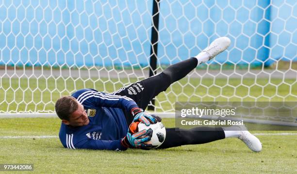 Franco Armani of Argentina makes a save during an open to public training session at Bronnitsy Training Camp on June 11, 2018 in Bronnitsy, Russia.