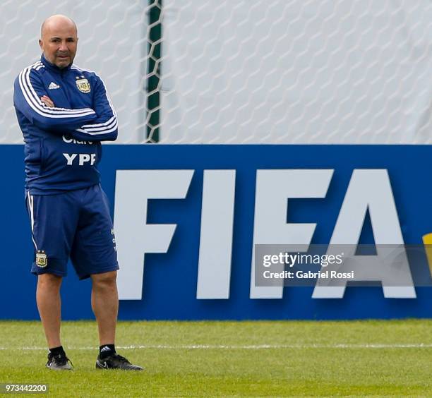 Jorge Sampaoli coach of Argentina looks on during an open to public training session at Bronnitsy Training Camp on June 11, 2018 in Bronnitsy, Russia.