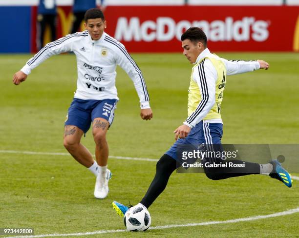 Cristian Pavon of Argentina makes a shot during an open to public training session at Bronnitsy Training Camp on June 11, 2018 in Bronnitsy, Russia.