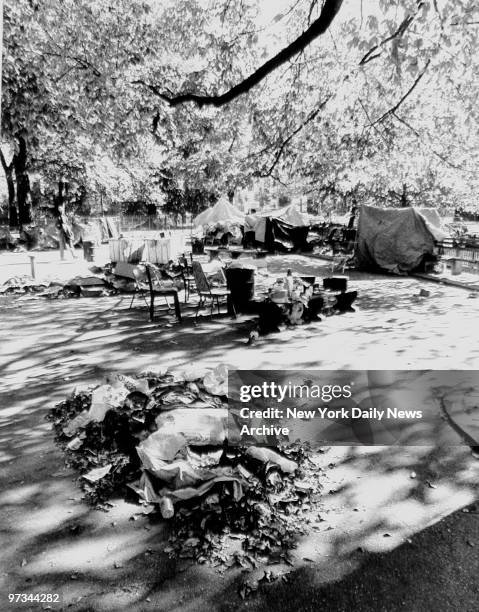 Piles of garbage and tents from the homeless in Tompkins Square Park.