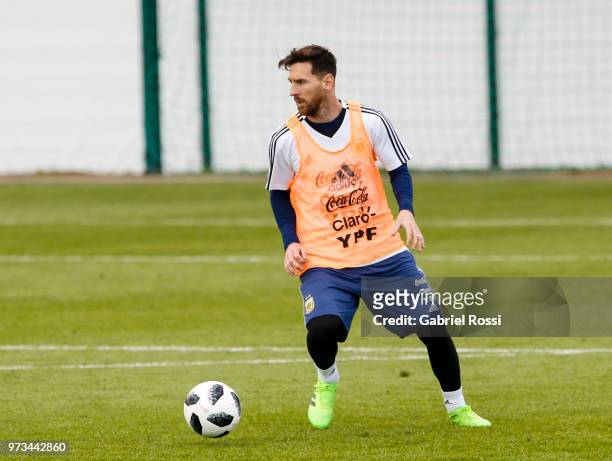 Lionel Messi of Argentina drives the ball during an open to public training session at Bronnitsy Training Camp on June 11, 2018 in Bronnitsy, Russia.