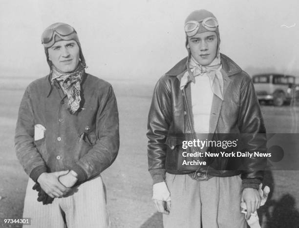 Pilots Eddie Wingerter and Joe Jones at Curtiss Essex Airport before their 4,000 mile flight to South America.