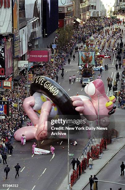 Pink Panther balloon collapses during Thanksgiving Day Parade in Times Square.