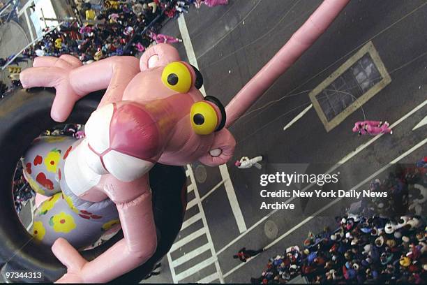 Pink Panther balloon collapses during Thanksgiving Day Parade in Times Square.