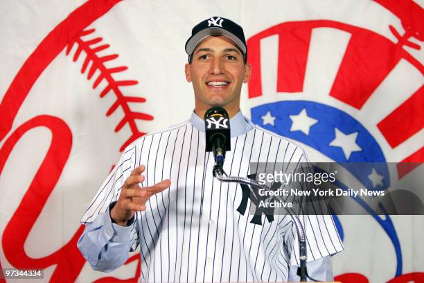 Pitcher Andy Pettitte speaks during a news conference at Yankee Stadium reintroducing him as a member of the New York Yankees. Pettitte returns to...