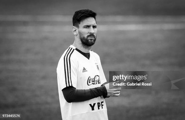 Lionel Messi of Argentina looks on during an open to public training session at Bronnitsy Training Camp on June 11, 2018 in Bronnitsy, Russia.