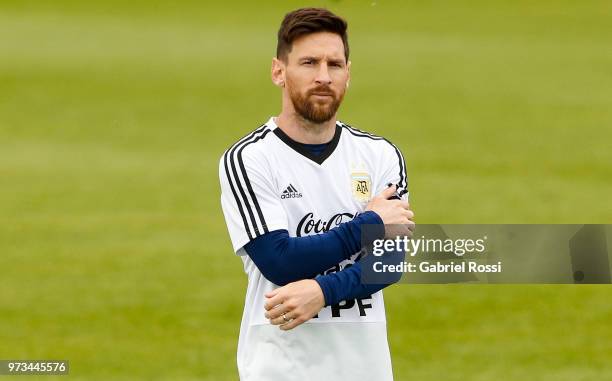 Lionel Messi of Argentina looks on during an open to public training session at Bronnitsy Training Camp on June 11, 2018 in Bronnitsy, Russia.