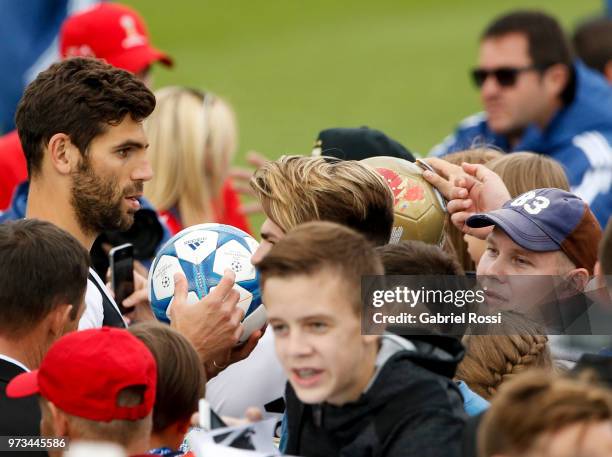 Federico Fazio of Argentina acknowledges fans after an open to public training session at Bronnitsy Training Camp on June 11, 2018 in Bronnitsy,...