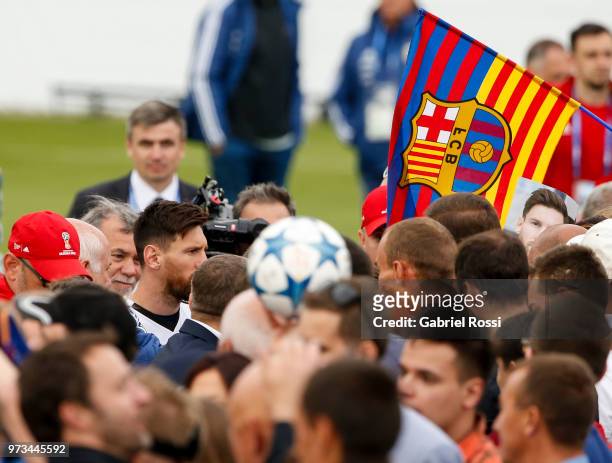Lionel Messi of Argentina acknowledges fans after an open to public training session at Bronnitsy Training Camp on June 11, 2018 in Bronnitsy, Russia.