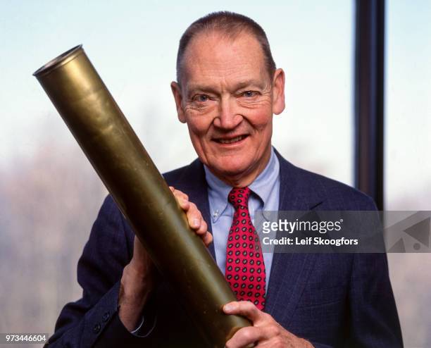 Portrait of American founder and CEO of the Vanguard Company John C Bogle, Malvern, Pennsylvania, 1995. Bogle, an amateur astronomer, poses with an...