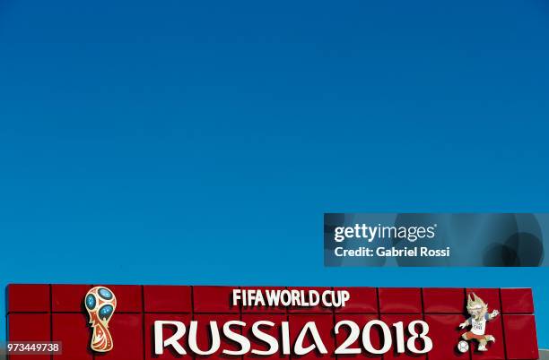 Signange of FIFA World Cup RUssia 2018 at f Bornnitsy Training Center prior an open to public training session at Bronnitsy Training Camp on June 11,...