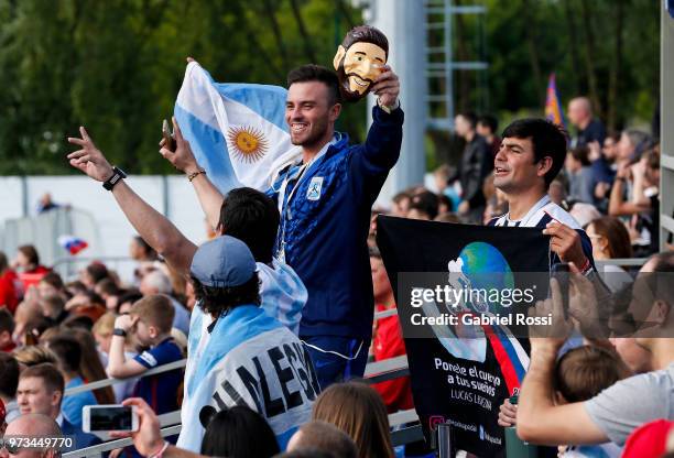 Fans of Argentina root for their team during an open to public training session at Bronnitsy Training Camp on June 11, 2018 in Bronnitsy, Russia.