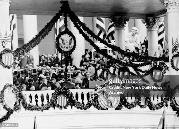 President Franklin D. Roosevelt making his inaugural address to an audience before the East Portico of the Capitol.