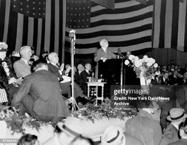 President Franklin D. Roosevelt speaks to crowd at the Brooklyn Academy of Music.