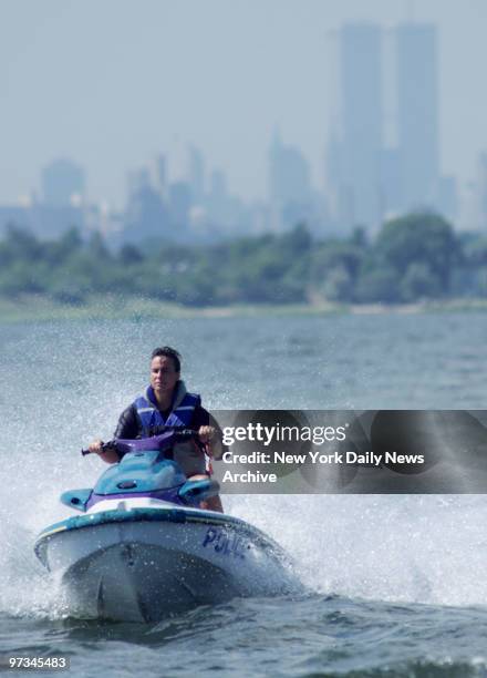 Police Officer Marisol Calzadilla patrols the waterfront off Brooklyn on a jet ski.