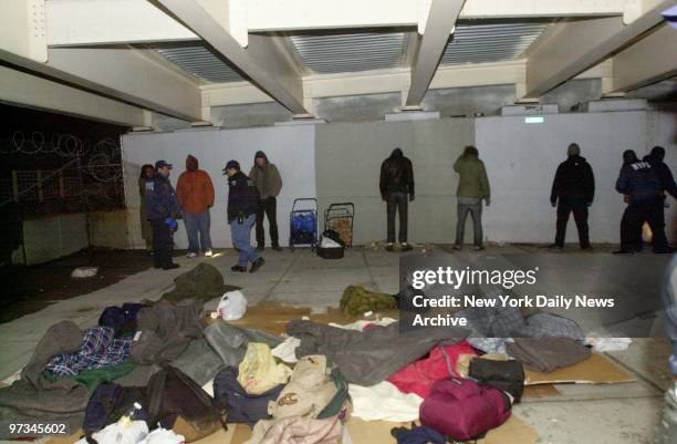 Police officers line people up against a wall as they clear out more than a dozen homeless people from under the FDR Drive at E.18th St. The mayor...