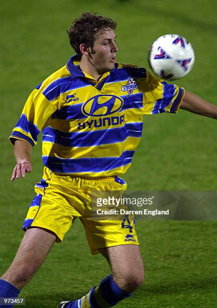 Jon McKain of Brisbane in action against Parramatta during the round 18 National Soccer League match between the Brisbane Strikers and the Parramatta...