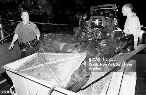 Police remove wood and lid that may have been used as the cover over hole where kidnap victim Harvey Weinstein was found.