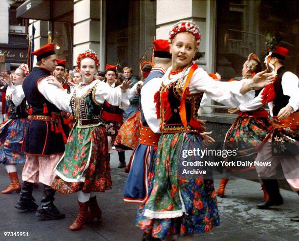 Polonaise dancers from Melville, Long Island do some steps at the beginning of the Pulaski Day Parade on Fifth Ave.