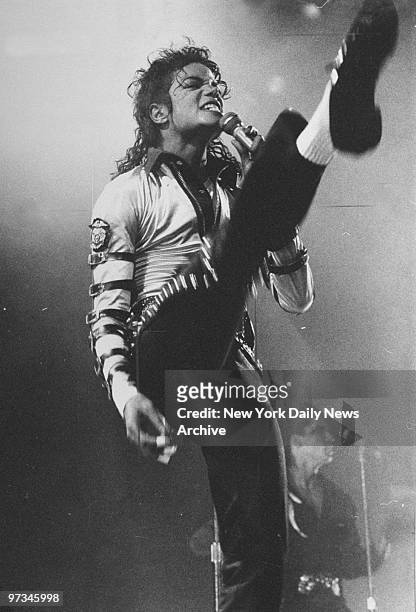 Pop star Michael Jackson gets his kicks performing his "Heartbreak Hotel" number at the Meadowlands Arena.