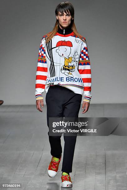 Model walks the runway at the ICEBERG Spring/Summer 2019 fashion show during London Fashion Week Men's June 2018 on June 8, 2018 in London, England.