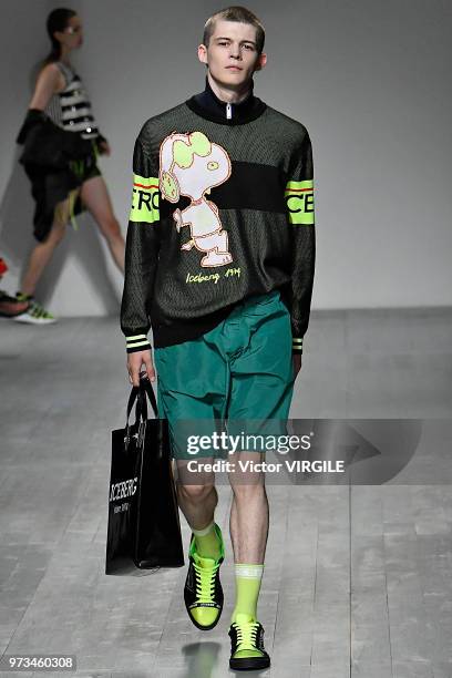 Model walks the runway at the ICEBERG Spring/Summer 2019 fashion show during London Fashion Week Men's June 2018 on June 8, 2018 in London, England.