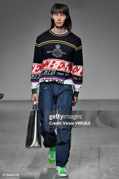 Model walks the runway at the ICEBERG Spring/Summer 2019 fashion show during London Fashion Week Men's June 2018 on June 8, 2018 in London, England.