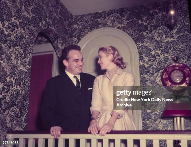 Prince Rainer III of Monaco and Grace Kelly after their engagement was announced at the Kelly home.