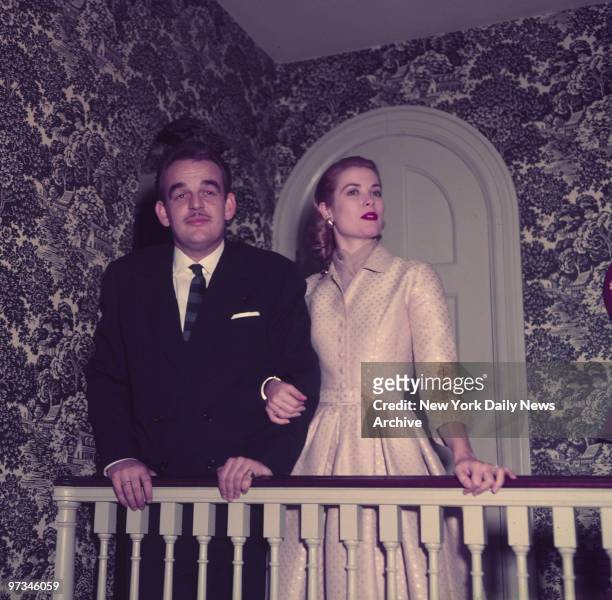 Prince Rainer III of Monaco and Grace Kelly after their engagement was announced at the Kelly home.