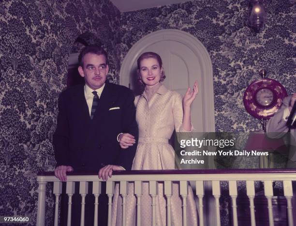 Prince Rainer III of Monaco and Grace Kelly after their engagement was announced at the Kelly home.