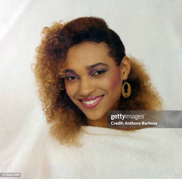 Portrait of American musician Fonda Rae as she poses in front of a white backdrop, New York, New York, 1980s.