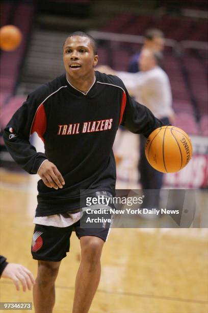 Portland Trail Blazers' Sebastian Telfair dribbles the ball during a practice at Continental Airlines Arena before a game against the New Jersey Nets.